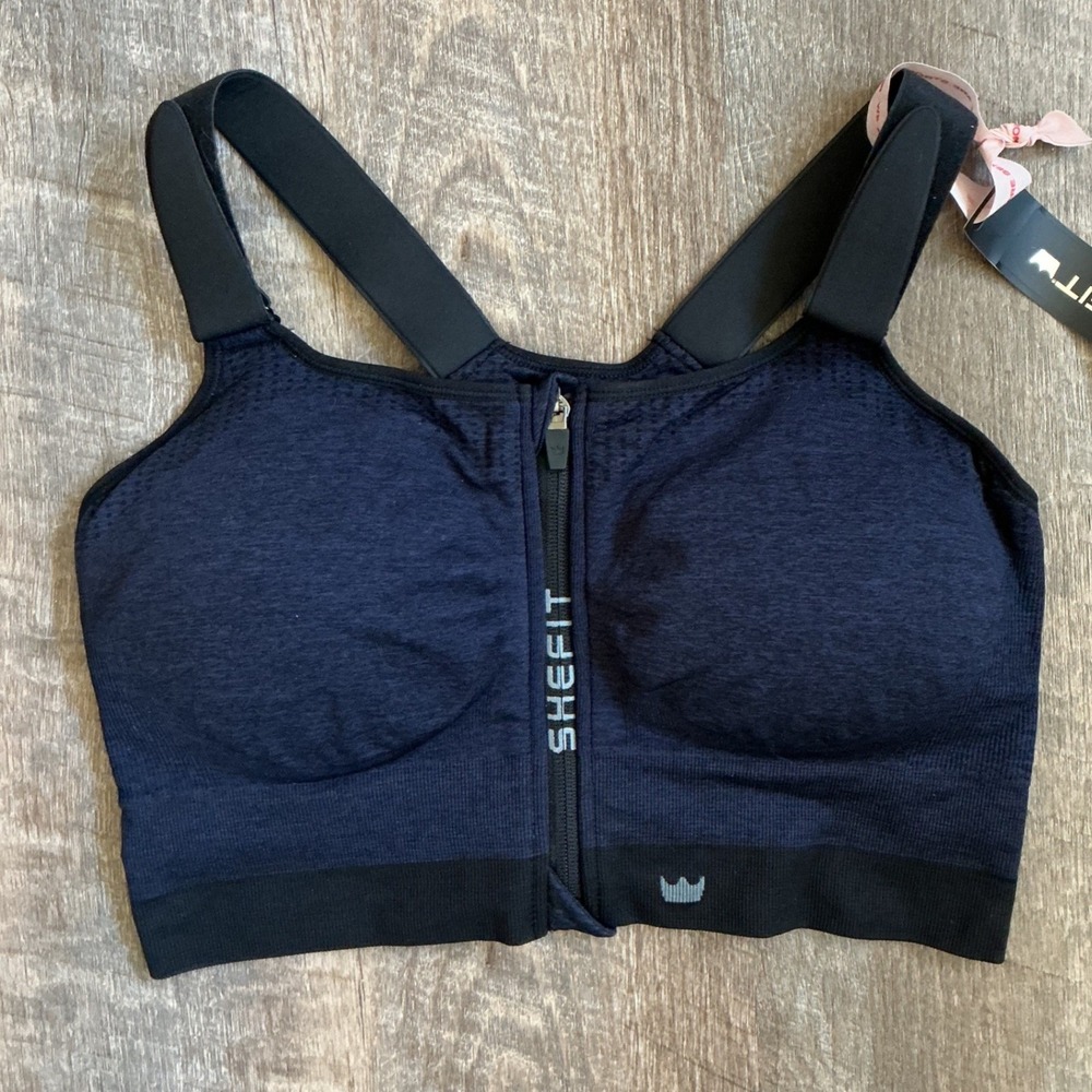 Shefit Low Impact Sports Bra Navy Blue Black Front Zip Adjustable 3Luxe 110005
